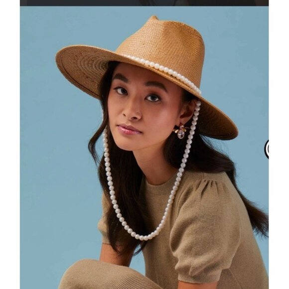 Lele Sadoughi Straw Sun Hat Wide Brim Pearl Strap Chic Resort Beach Vacation OS - Picture 1 of 7